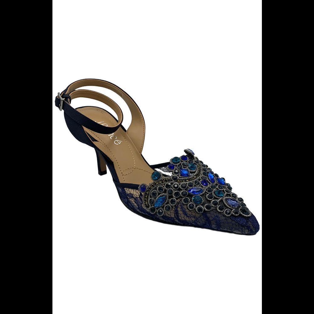 J.Renee Navy Jeweled Pointed Toe Slingback Heels